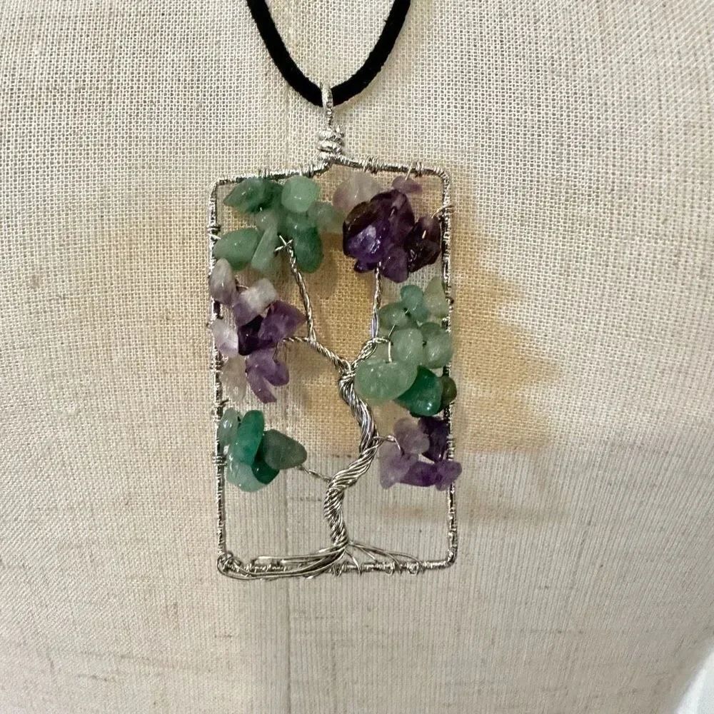 Amethyst and aventurine silver tone  tree pendant necklace